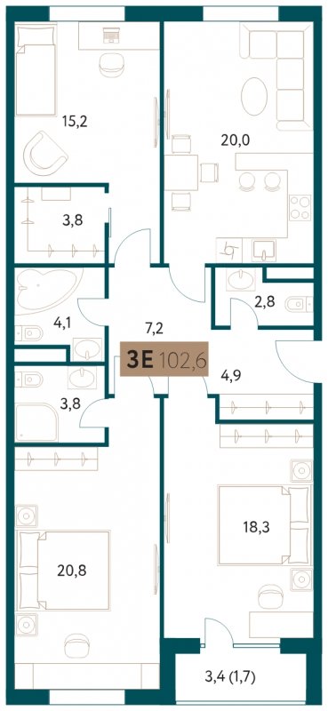 3-комнатная квартира 102.6 м2, 8 этаж, сдача 4 квартал 2022 г., ЖК Настоящее, корпус 1 - объявление 1711403 - фото №1