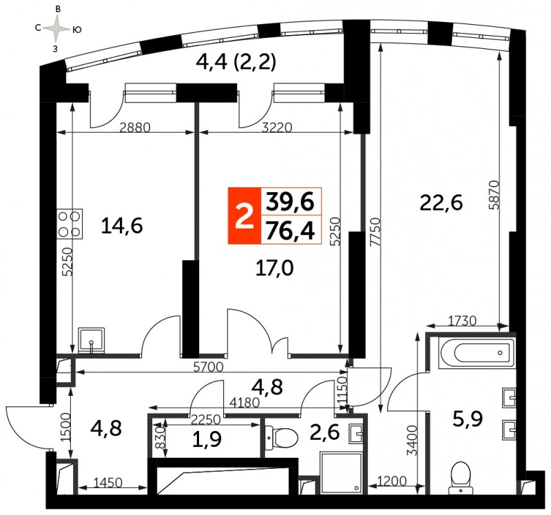 2-комнатная квартира с частичной отделкой, 76.4 м2, 2 этаж, сдача 3 квартал 2024 г., ЖК Sydney City, корпус 2.2 - объявление 1608178 - фото №1