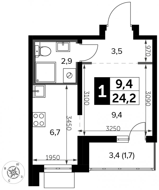 Студия с частичной отделкой, 24.2 м2, 6 этаж, сдача 3 квартал 2023 г., ЖК Южная Битца, корпус 12 - объявление 1684746 - фото №1