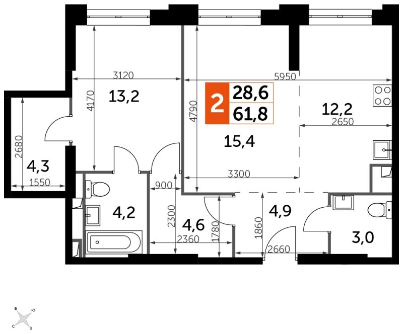 2-комнатная квартира с частичной отделкой, 61.8 м2, 15 этаж, сдача 1 квартал 2023 г., ЖК Sydney City, корпус 3 - объявление 1568958 - фото №1
