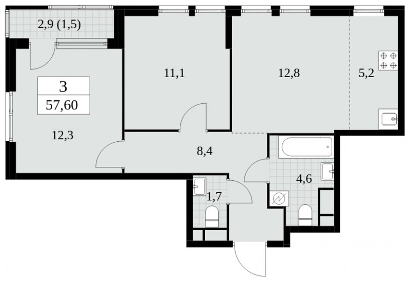 3-комнатная квартира (евро) без отделки, 57.6 м2, 16 этаж, сдача 2 квартал 2025 г., ЖК Южные сады, корпус 2.4 - объявление 1760482 - фото №1
