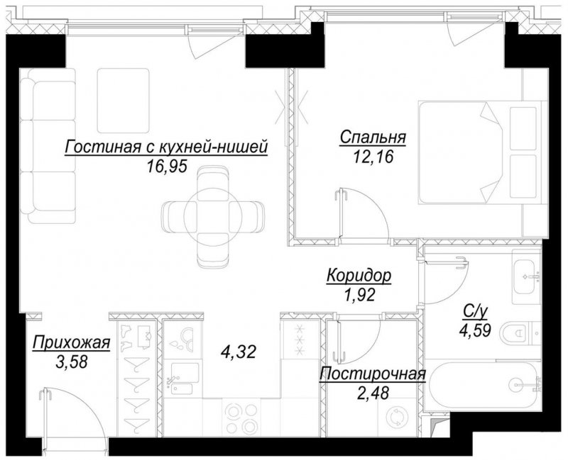 1-комнатная квартира с частичной отделкой, 46 м2, 18 этаж, сдача 1 квартал 2023 г., ЖК Hide, корпус RiverSide - объявление 1756841 - фото №1