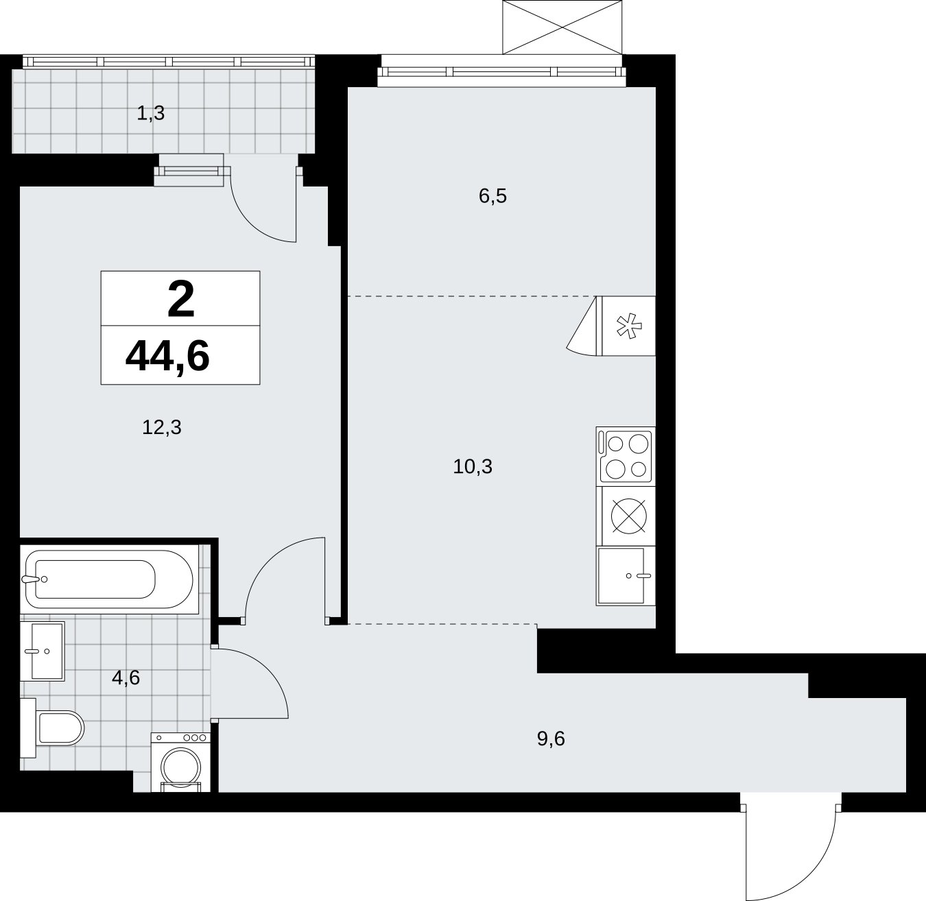 2-комнатная квартира (евро) без отделки, 44.6 м2, 12 этаж, сдача 2 квартал 2026 г., ЖК Дзен-кварталы, корпус 6.1.1 - объявление 2327197 - фото №1