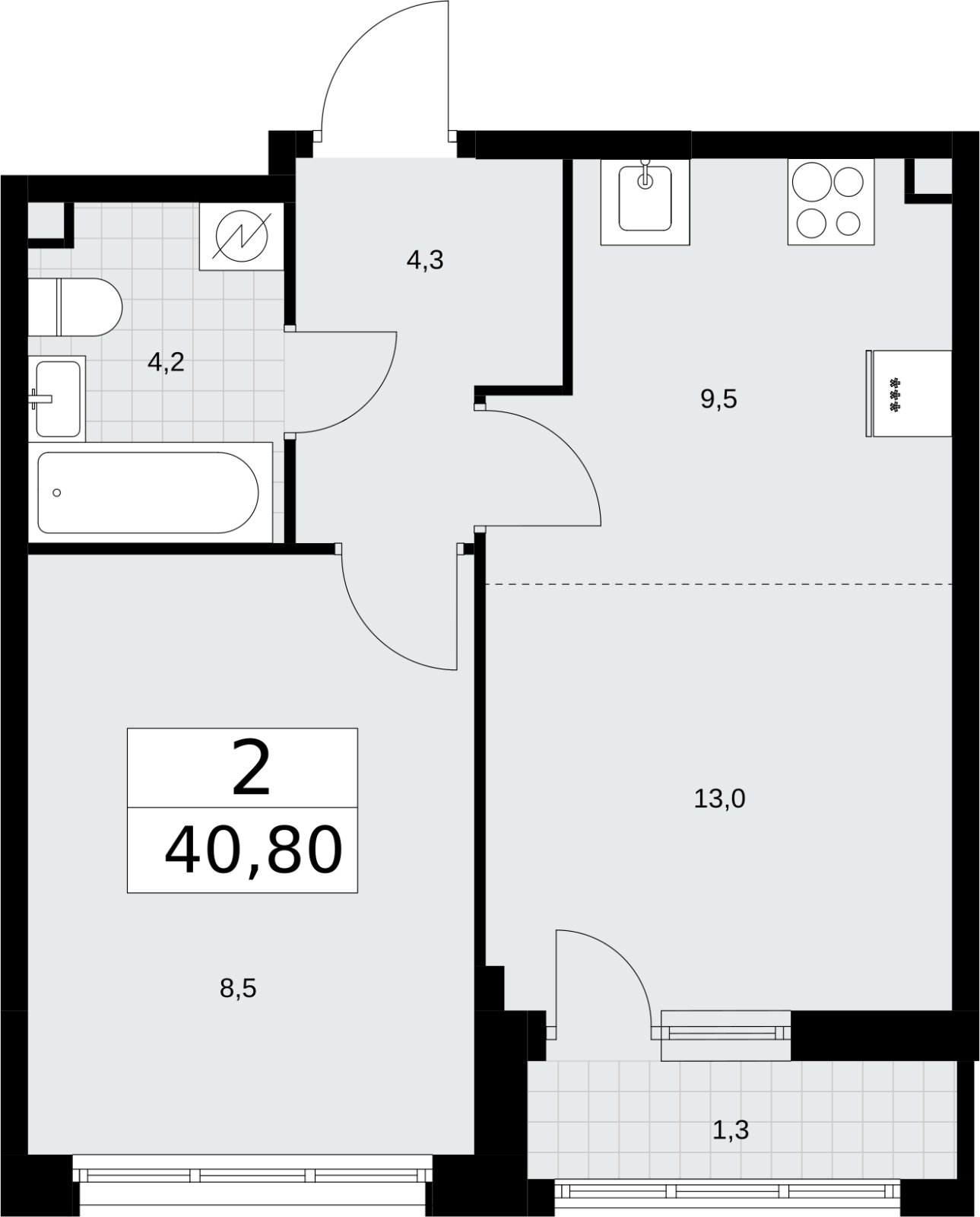 2-комнатная квартира (евро) без отделки, 40.8 м2, 2 этаж, сдача 3 квартал 2026 г., ЖК Родные кварталы, корпус 3.1 - объявление 2378309 - фото №1