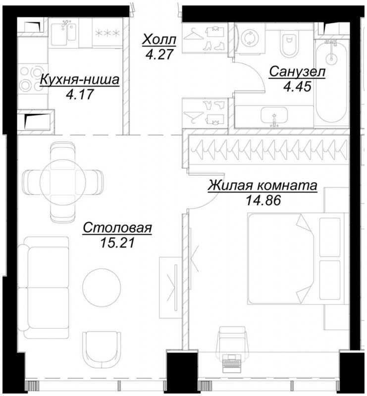 1-комнатная квартира с частичной отделкой, 42.89 м2, 13 этаж, сдача 4 квартал 2024 г., ЖК MOD, корпус Mod.D - объявление 1788180 - фото №1