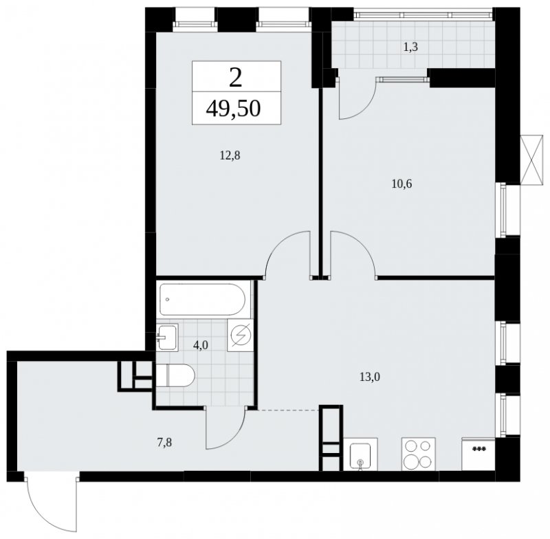 2-комнатная квартира с частичной отделкой, 49.5 м2, 9 этаж, сдача 1 квартал 2025 г., ЖК Дзен-кварталы, корпус 1.1 - объявление 1895528 - фото №1
