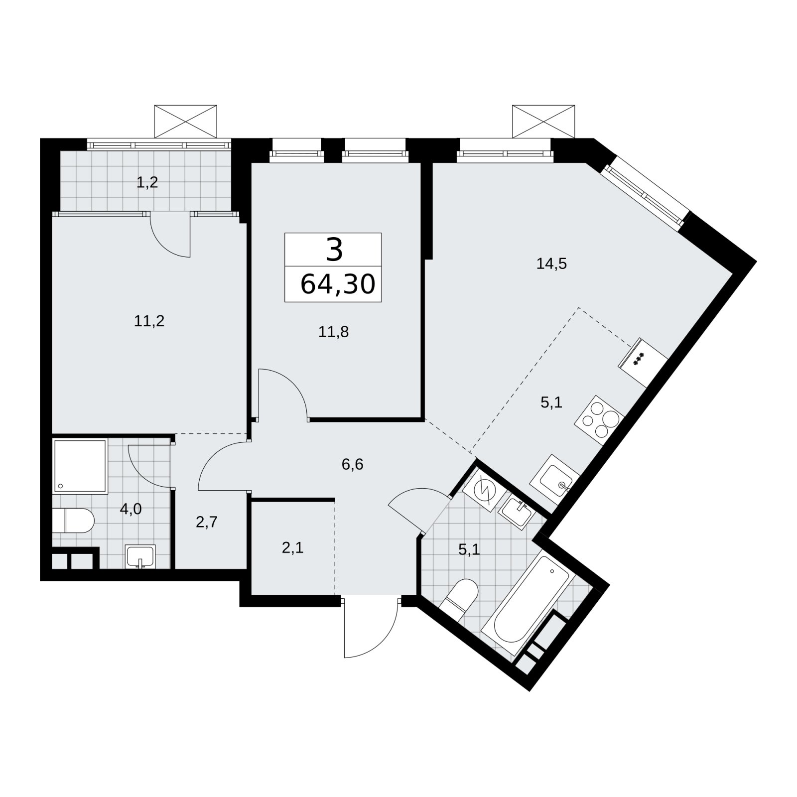 3-комнатная квартира (евро) с частичной отделкой, 64.3 м2, 8 этаж, сдача 1 квартал 2026 г., ЖК Дом на Зорге, корпус 25 - объявление 2221196 - фото №1