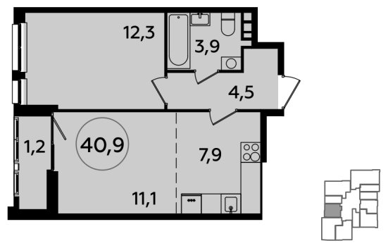 2-комнатная квартира (евро) без отделки, 40.9 м2, 16 этаж, сдача 1 квартал 2024 г., ЖК Южные сады, корпус 1.2 - объявление 1512192 - фото №1