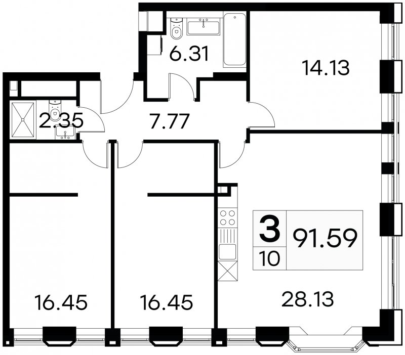 3-комнатные апартаменты с частичной отделкой, 91.59 м2, 2 этаж, сдача 3 квартал 2024 г., ЖК GloraX Aura Белорусская, корпус 1 - объявление 1708638 - фото №1
