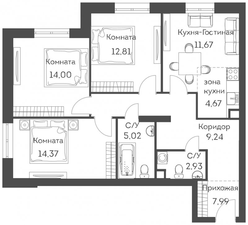 4-комнатная квартира (евро) с частичной отделкой, 82.7 м2, 1 этаж, сдача 2 квартал 2022 г., ЖК Аквилон Митино, корпус 3 - объявление 1577984 - фото №1