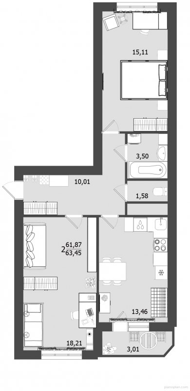 2-комнатная квартира без отделки, 63.45 м2, 2 этаж, дом сдан, ЖК Олимп, корпус 21 - объявление 1303651 - фото №1