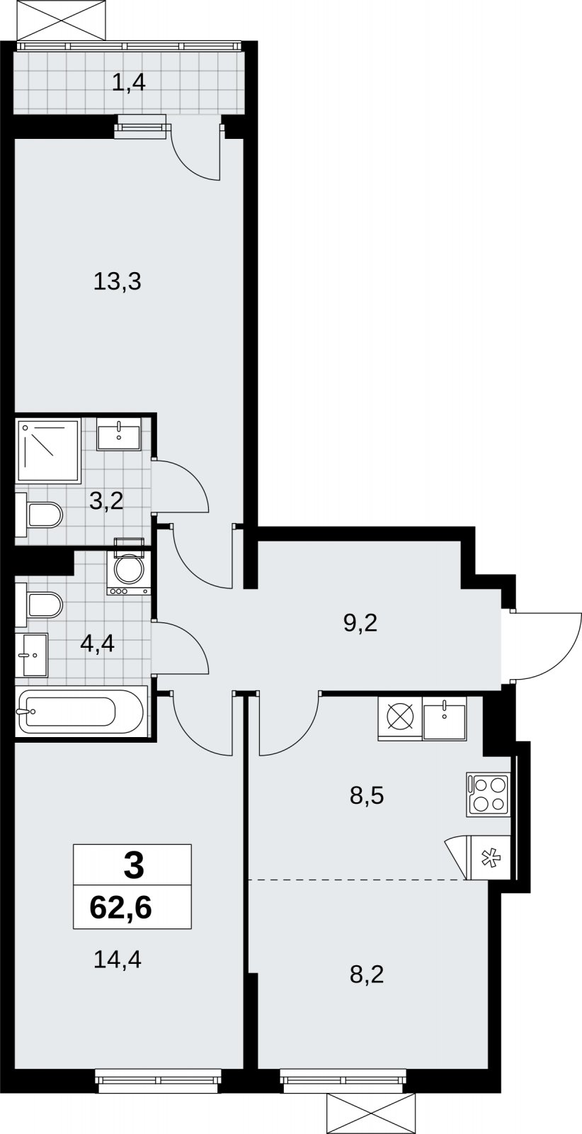 3-комнатная квартира (евро) с полной отделкой, 62.6 м2, 4 этаж, сдача 3 квартал 2026 г., ЖК Дзен-кварталы, корпус 6.1.3 - объявление 2328106 - фото №1