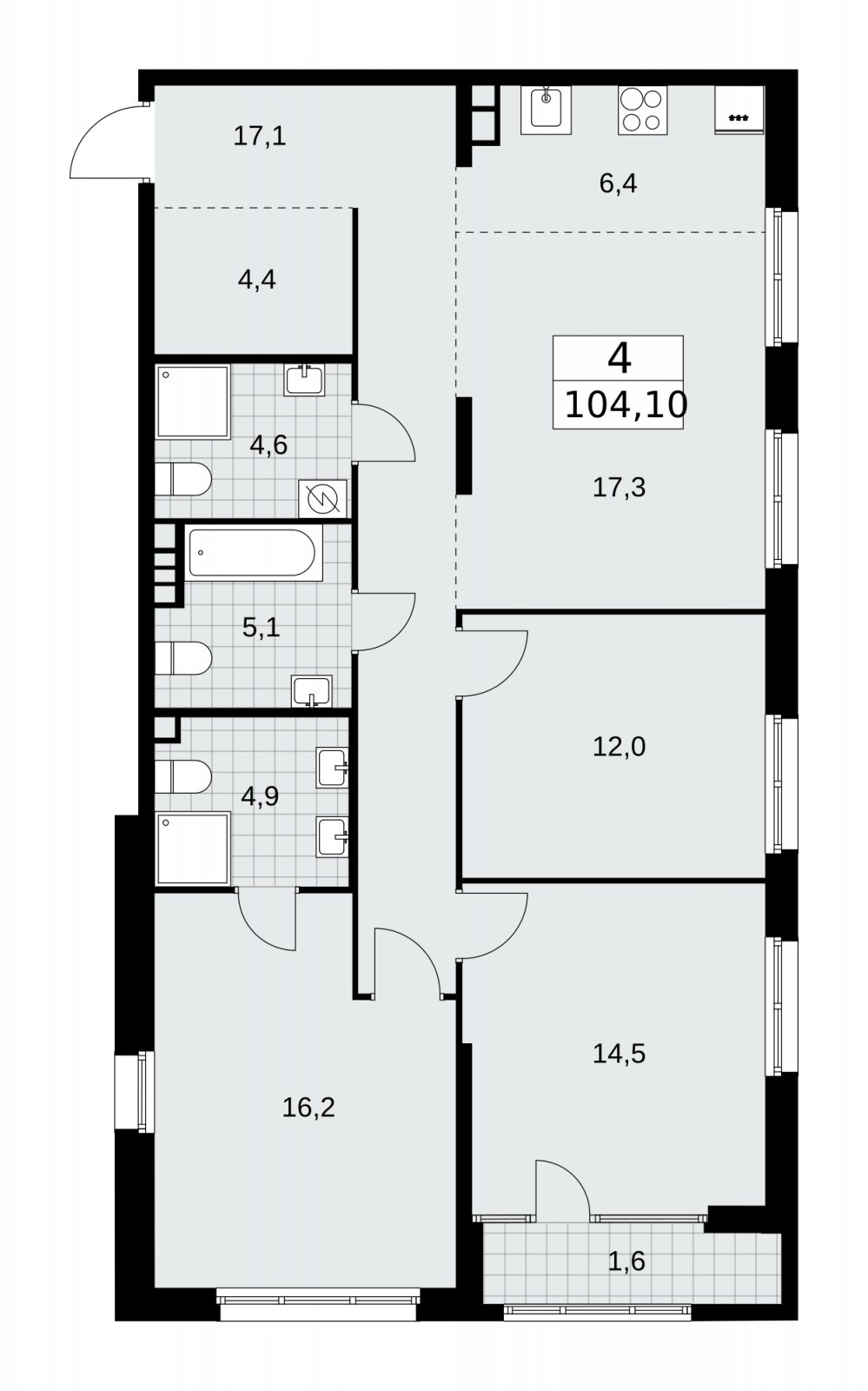 4-комнатная квартира (евро) с частичной отделкой, 104.1 м2, 5 этаж, сдача 1 квартал 2026 г., ЖК Дом на Зорге, корпус 25 - объявление 2221180 - фото №1