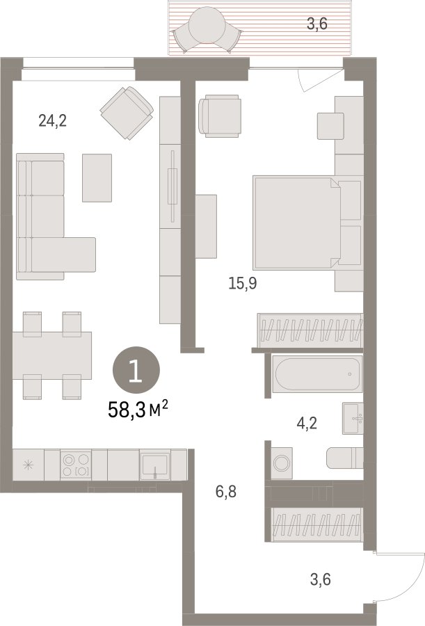 1-комнатная квартира с частичной отделкой, 58.3 м2, 5 этаж, сдача 1 квартал 2025 г., ЖК Первый квартал, корпус 5 - объявление 2334906 - фото №1