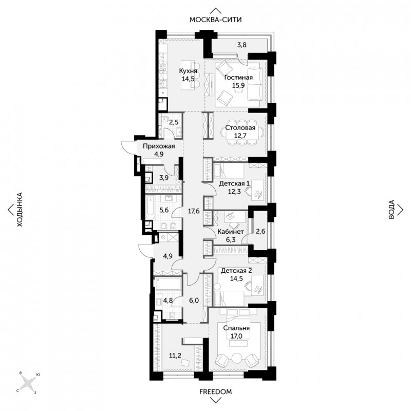 6-комнатная квартира без отделки, 161 м2, 10 этаж, сдача 1 квартал 2023 г., ЖК Sydney City, корпус 3 - объявление 1580500 - фото №1