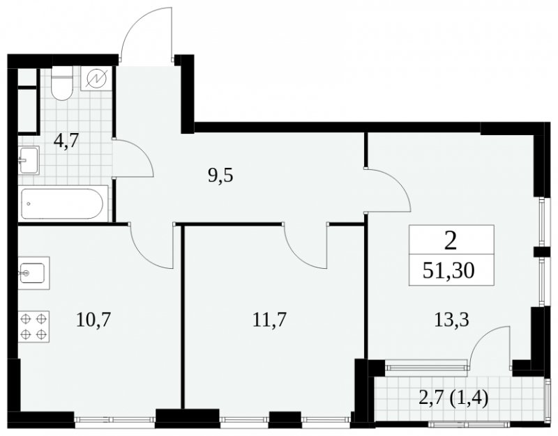 2-комнатная квартира без отделки, 51.3 м2, 3 этаж, сдача 2 квартал 2025 г., ЖК Южные сады, корпус 2.4 - объявление 1760272 - фото №1