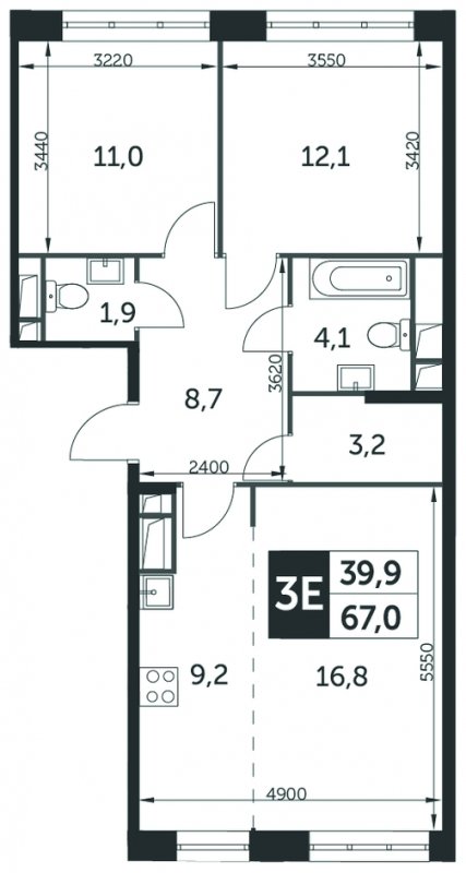 3-комнатная квартира без отделки, 67.1 м2, 5 этаж, дом сдан, ЖК Датский квартал, корпус 5 - объявление 1700112 - фото №1