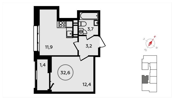 1-комнатная квартира с частичной отделкой, 32.6 м2, 11 этаж, сдача 3 квартал 2024 г., ЖК Скандинавия, корпус 22.3 - объявление 1625612 - фото №1