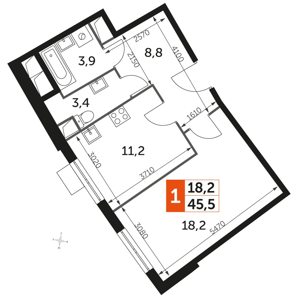 1-комнатная квартира с частичной отделкой, 46.9 м2, 1 этаж, дом сдан, ЖК UP-квартал Римский, корпус 7 - объявление 2359932 - фото №1