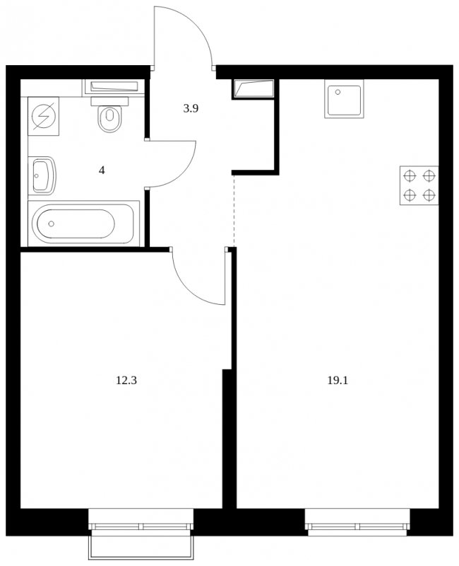 1-комнатная квартира с полной отделкой, 39.3 м2, 22 этаж, сдача 4 квартал 2023 г., ЖК Красноказарменная 15, корпус 1.2 - объявление 1684997 - фото №1