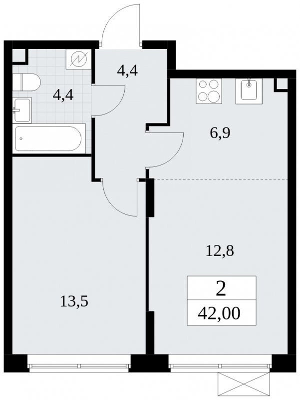 2-комнатная квартира (евро) без отделки, 42 м2, 2 этаж, сдача 1 квартал 2025 г., ЖК Прокшино, корпус 5.1.4 - объявление 1811069 - фото №1