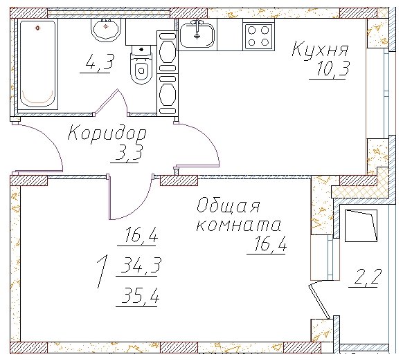 1-комнатная квартира без отделки, 35.4 м2, 7 этаж, сдача 4 квартал 2022 г., ЖК Полет Купавна, корпус 1 - объявление 1769404 - фото №1