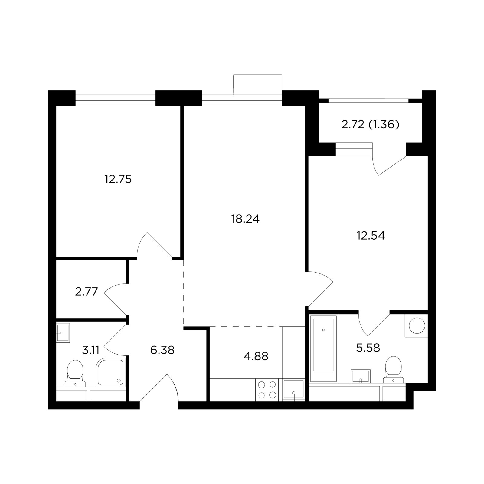 3-комнатная квартира без отделки, 67.61 м2, 26 этаж, дом сдан, ЖК TopHILLS, корпус 4 - объявление 2278888 - фото №1