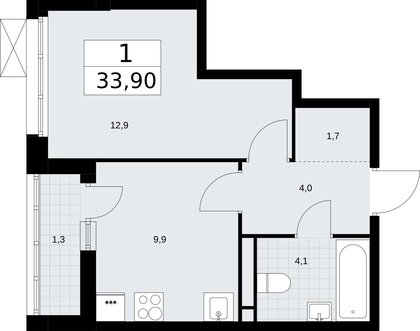 1-комнатная квартира без отделки, 33.9 м2, 4 этаж, сдача 3 квартал 2026 г., ЖК Родные кварталы, корпус 2 - объявление 2295481 - фото №1