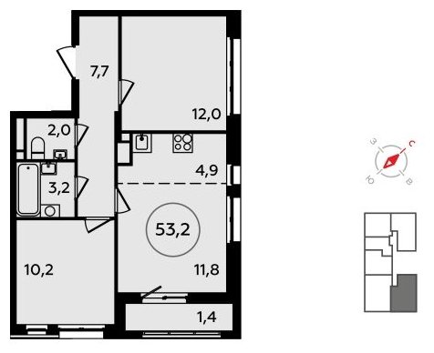3-комнатная квартира (евро) без отделки, 53.2 м2, 11 этаж, сдача 4 квартал 2023 г., ЖК Скандинавия, корпус 15 - объявление 1516948 - фото №1
