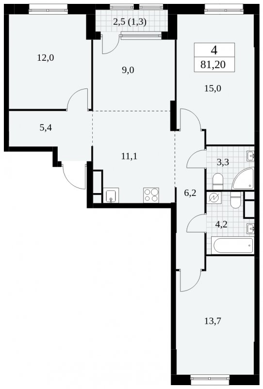 4-комнатная квартира (евро) с полной отделкой, 81.2 м2, 5 этаж, сдача 2 квартал 2025 г., ЖК Южные сады, корпус 2.1 - объявление 1759945 - фото №1