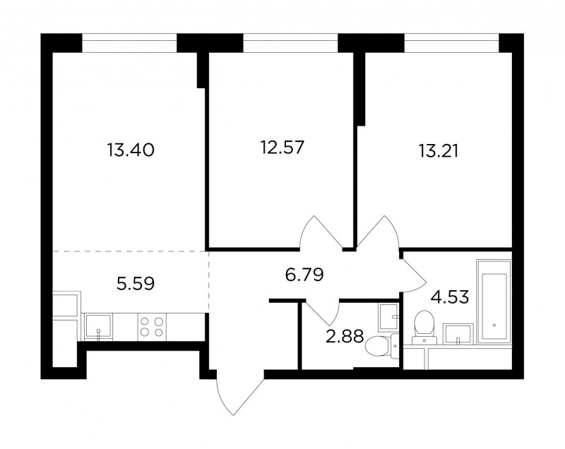 3-комнатная квартира без отделки, 58.97 м2, 11 этаж, дом сдан, ЖК КутузовGRAD 2, корпус 4 - объявление 1747534 - фото №1