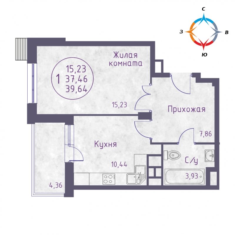 1-комнатная квартира 39.64 м2, 7 этаж, дом сдан, ЖК Бородино, корпус 12 - объявление 1886867 - фото №1
