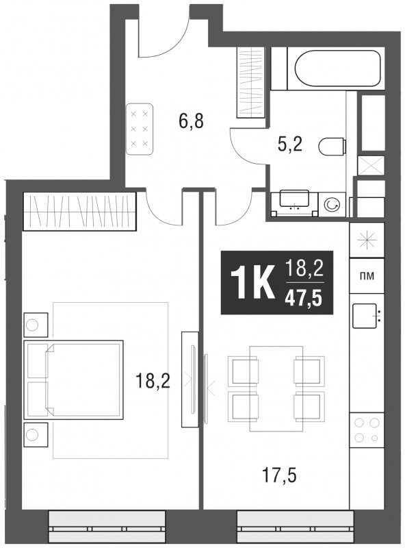 1-комнатная квартира с частичной отделкой, 47.5 м2, 16 этаж, сдача 2 квартал 2024 г., ЖК AFI Tower, корпус 1 - объявление 1930905 - фото №1