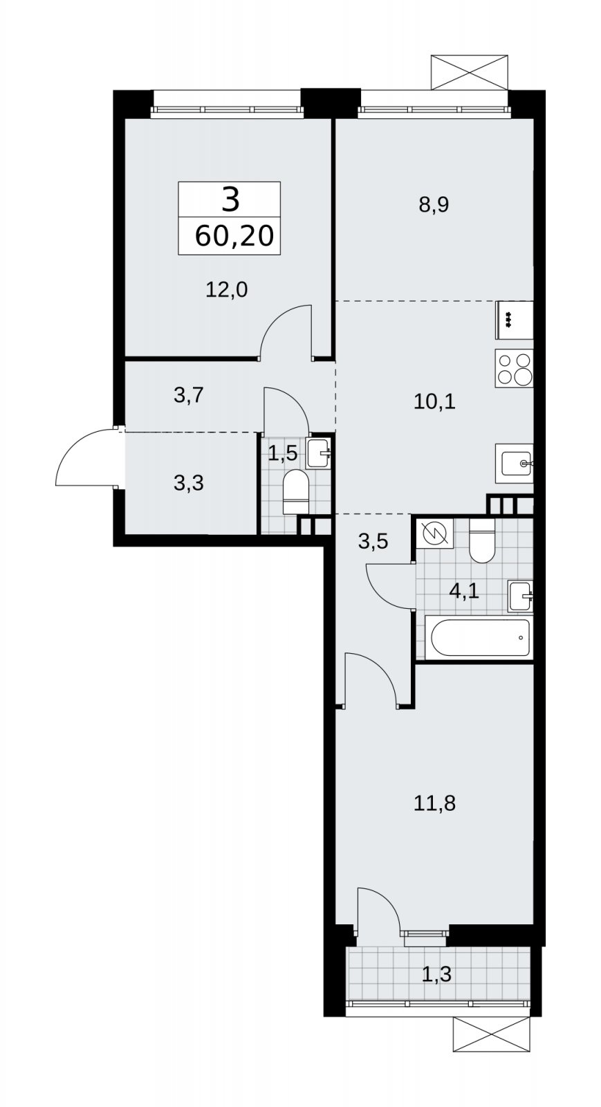 3-комнатная квартира (евро) с частичной отделкой, 60.2 м2, 3 этаж, сдача 4 квартал 2025 г., ЖК Бунинские кварталы, корпус 3.4 - объявление 2152038 - фото №1