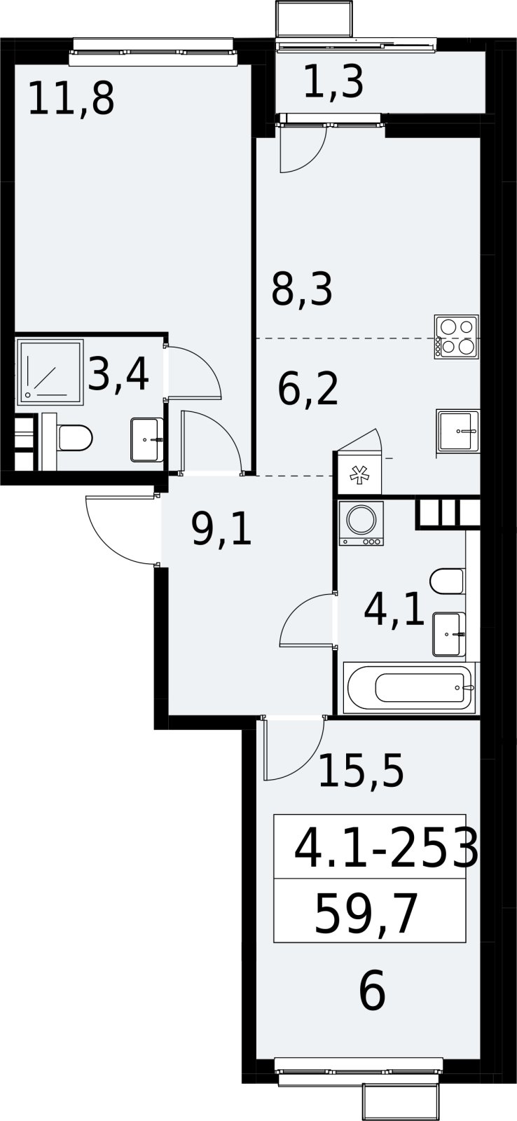 3-комнатная квартира (евро) с полной отделкой, 59.7 м2, 9 этаж, сдача 2 квартал 2027 г., ЖК Южные сады, корпус 4.1.2 - объявление 2392768 - фото №1