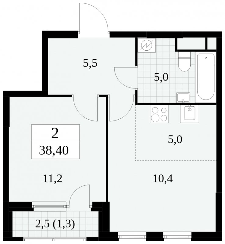 2-комнатная квартира (евро) без отделки, 38.4 м2, 13 этаж, сдача 2 квартал 2025 г., ЖК Южные сады, корпус 2.3 - объявление 1758340 - фото №1