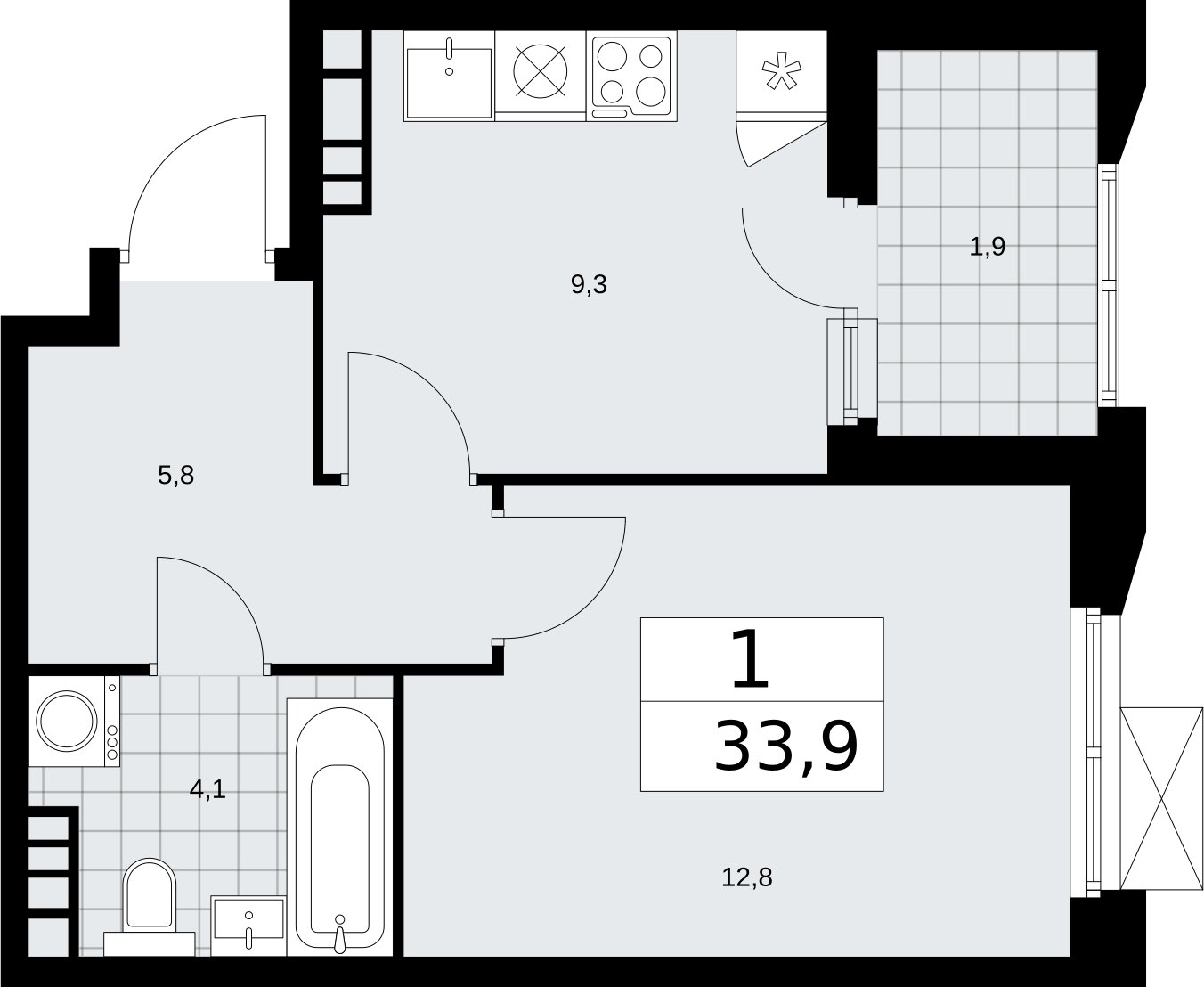 1-комнатная квартира без отделки, 33.9 м2, 18 этаж, сдача 2 квартал 2026 г., ЖК Бунинские кварталы, корпус 5.2 - объявление 2297452 - фото №1