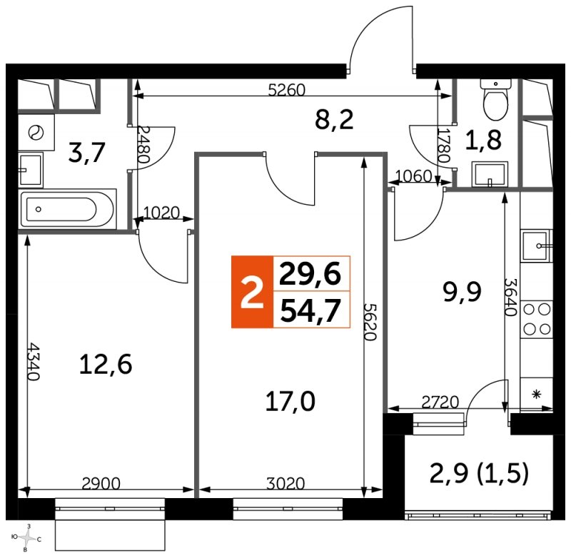 2-комнатная квартира с частичной отделкой, 54.7 м2, 13 этаж, сдача 3 квартал 2023 г., ЖК UP-квартал Римский, корпус 7 - объявление 1710725 - фото №1