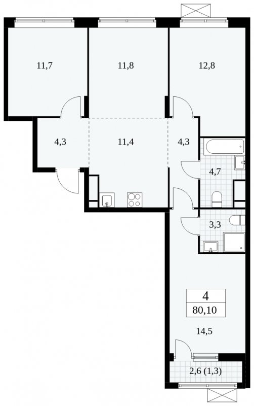 4-комнатная квартира (евро) без отделки, 80.1 м2, 14 этаж, сдача 1 квартал 2025 г., ЖК Прокшино, корпус 5.2.4 - объявление 1900703 - фото №1