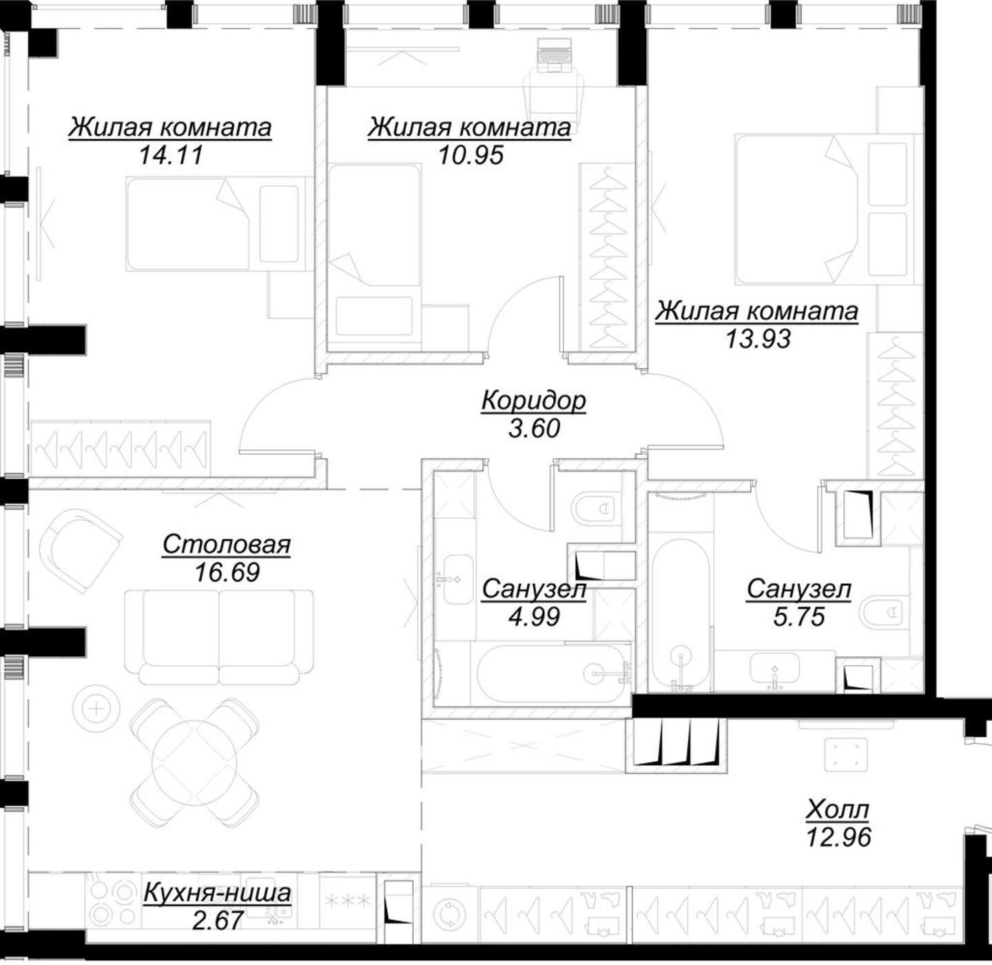 3-комнатная квартира с частичной отделкой, 86.47 м2, 35 этаж, сдача 4 квартал 2024 г., ЖК MOD, корпус Camus - объявление 2213063 - фото №1