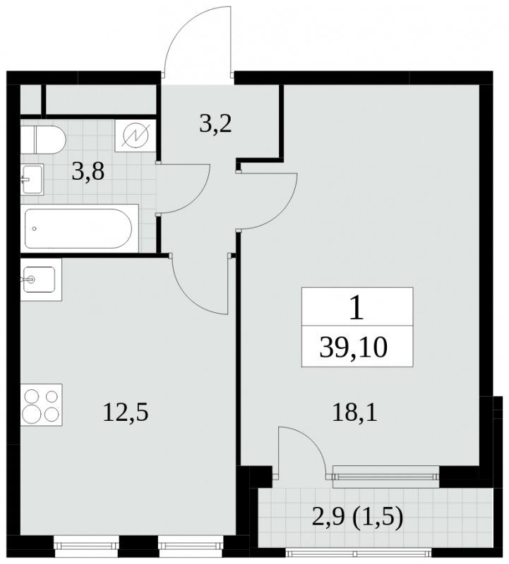 1-комнатная квартира без отделки, 39.1 м2, 20 этаж, сдача 2 квартал 2025 г., ЖК Южные сады, корпус 2.3 - объявление 1758374 - фото №1