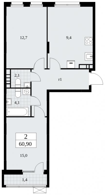 2-комнатная квартира с частичной отделкой, 60.9 м2, 7 этаж, сдача 3 квартал 2025 г., ЖК Дзен-кварталы, корпус 2.2 - объявление 1932364 - фото №1