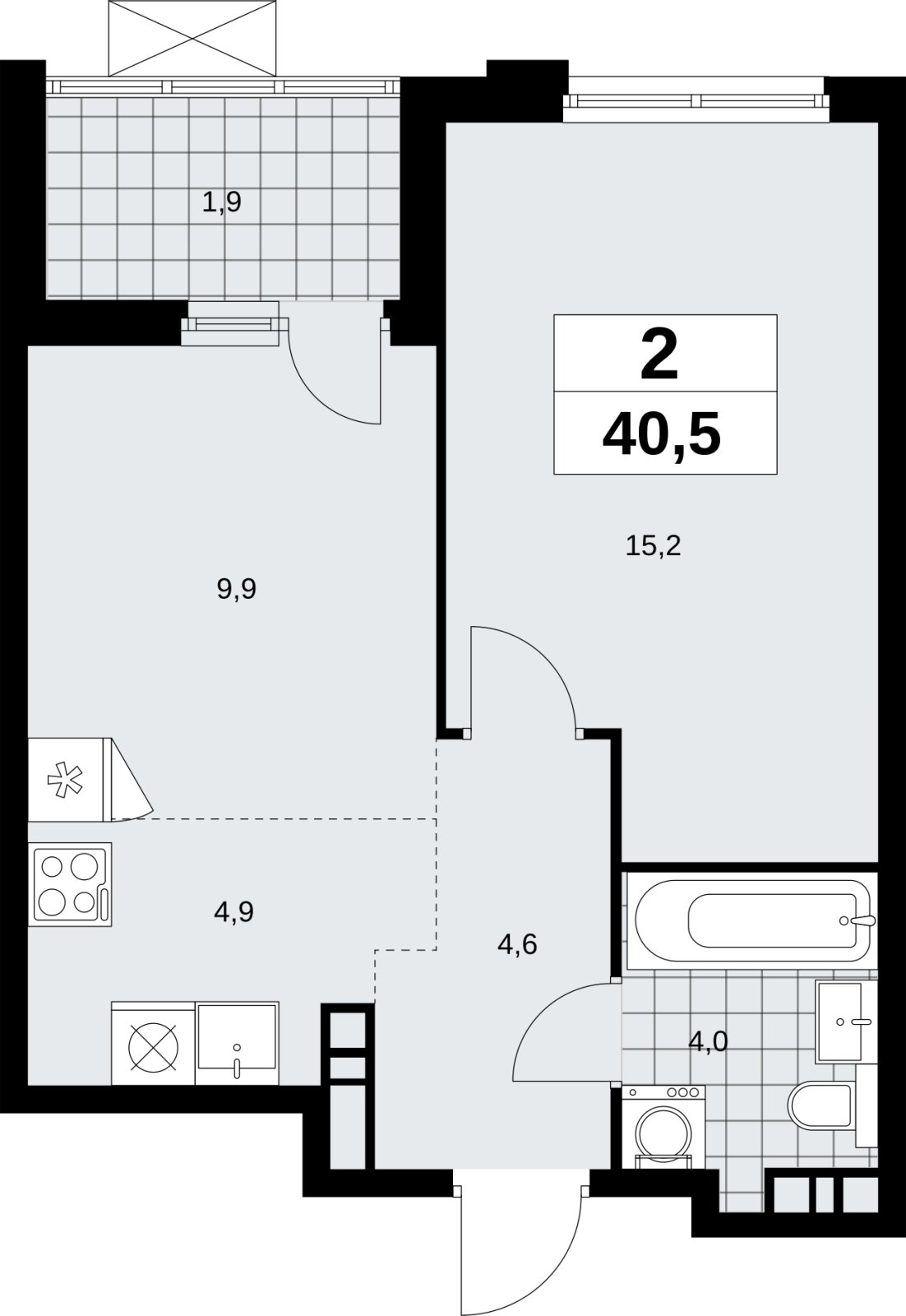 2-комнатная квартира (евро) без отделки, 40.5 м2, 13 этаж, сдача 4 квартал 2026 г., ЖК Скандинавия, корпус 2.18.2.6 - объявление 2351820 - фото №1