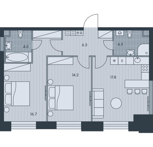 3-комнатная квартира (евро) без отделки, 63.3 м2, 30 этаж, сдача 3 квартал 2025 г., ЖК EVER, корпус 4 - объявление 2331820 - фото №1