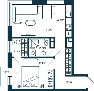 1-комнатная квартира без отделки, 44.42 м2, 17 этаж, сдача 3 квартал 2025 г., ЖК М_5, корпус 2 - объявление 2003396 - фото №1