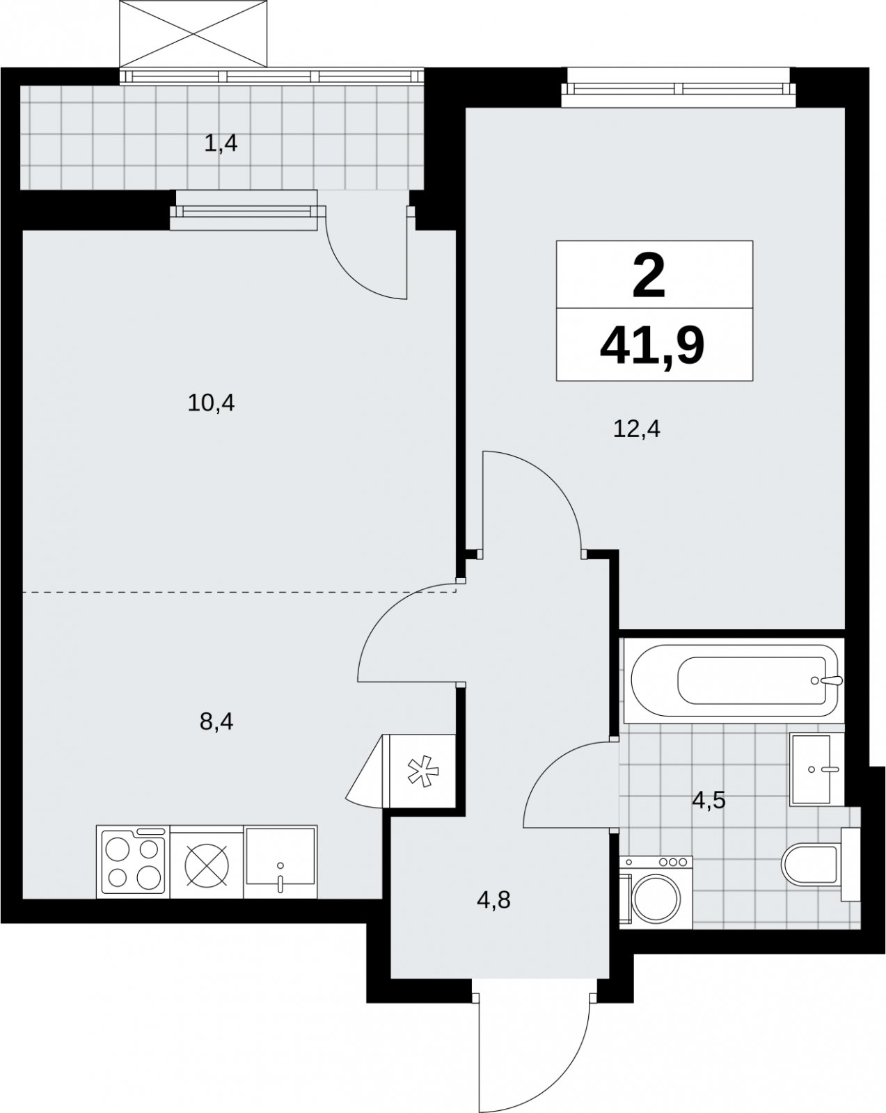 2-комнатная квартира (евро) без отделки, 41.9 м2, 11 этаж, сдача 1 квартал 2026 г., ЖК Дзен-кварталы, корпус 6.2.1 - объявление 2328612 - фото №1