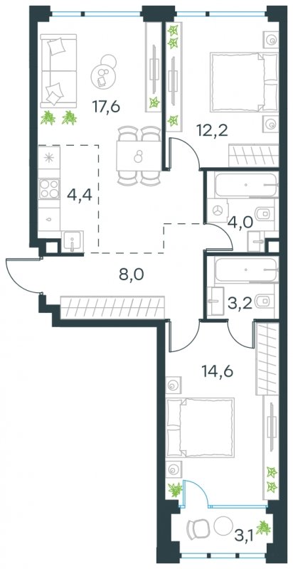 3-комнатная квартира (евро) без отделки, 65.6 м2, 18 этаж, сдача 4 квартал 2024 г., ЖК Level Мичуринский, корпус 6 - объявление 1639869 - фото №1