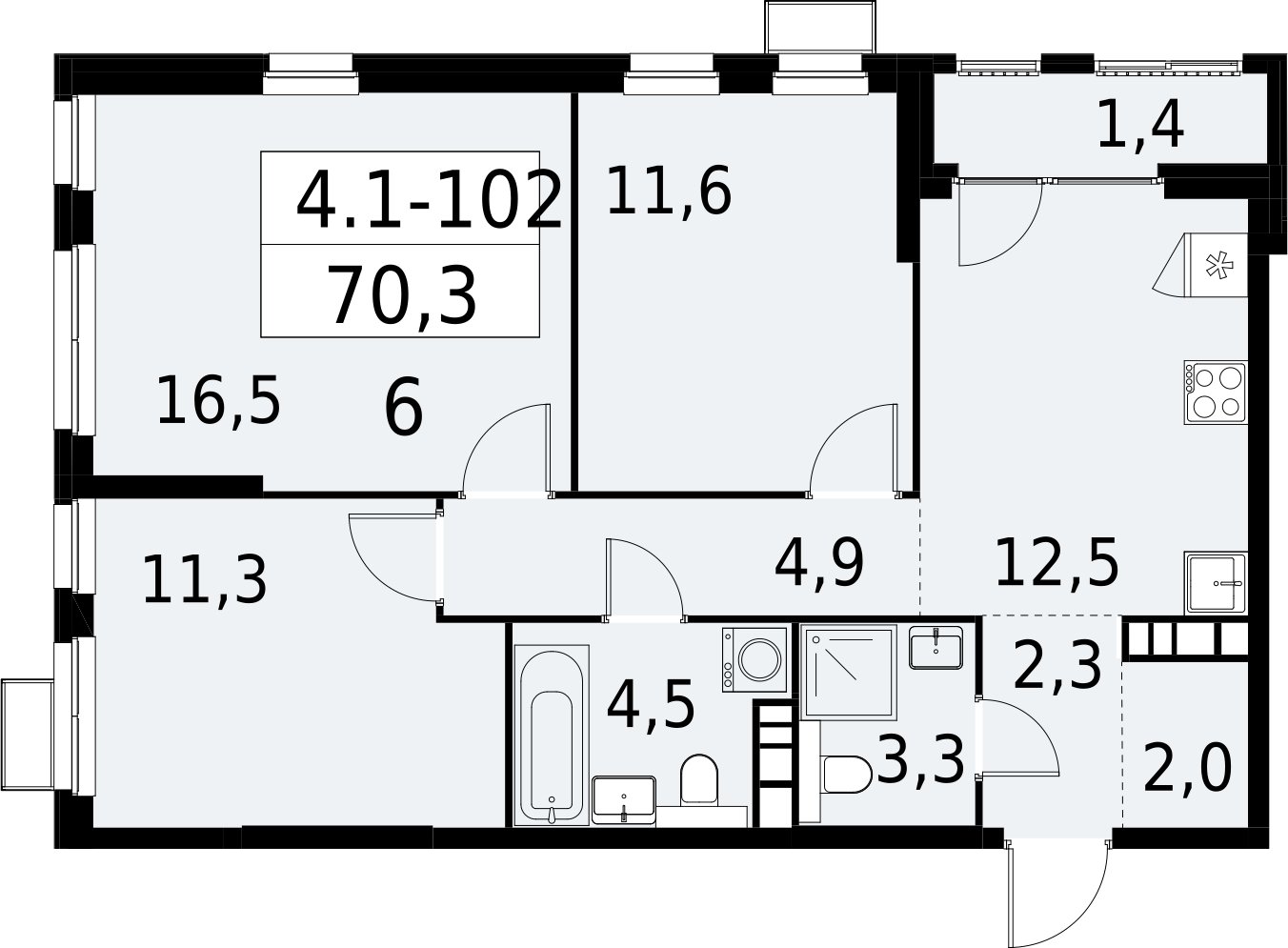 3-комнатная квартира с полной отделкой, 70.3 м2, 18 этаж, сдача 2 квартал 2027 г., ЖК Южные сады, корпус 4.1.1 - объявление 2392643 - фото №1