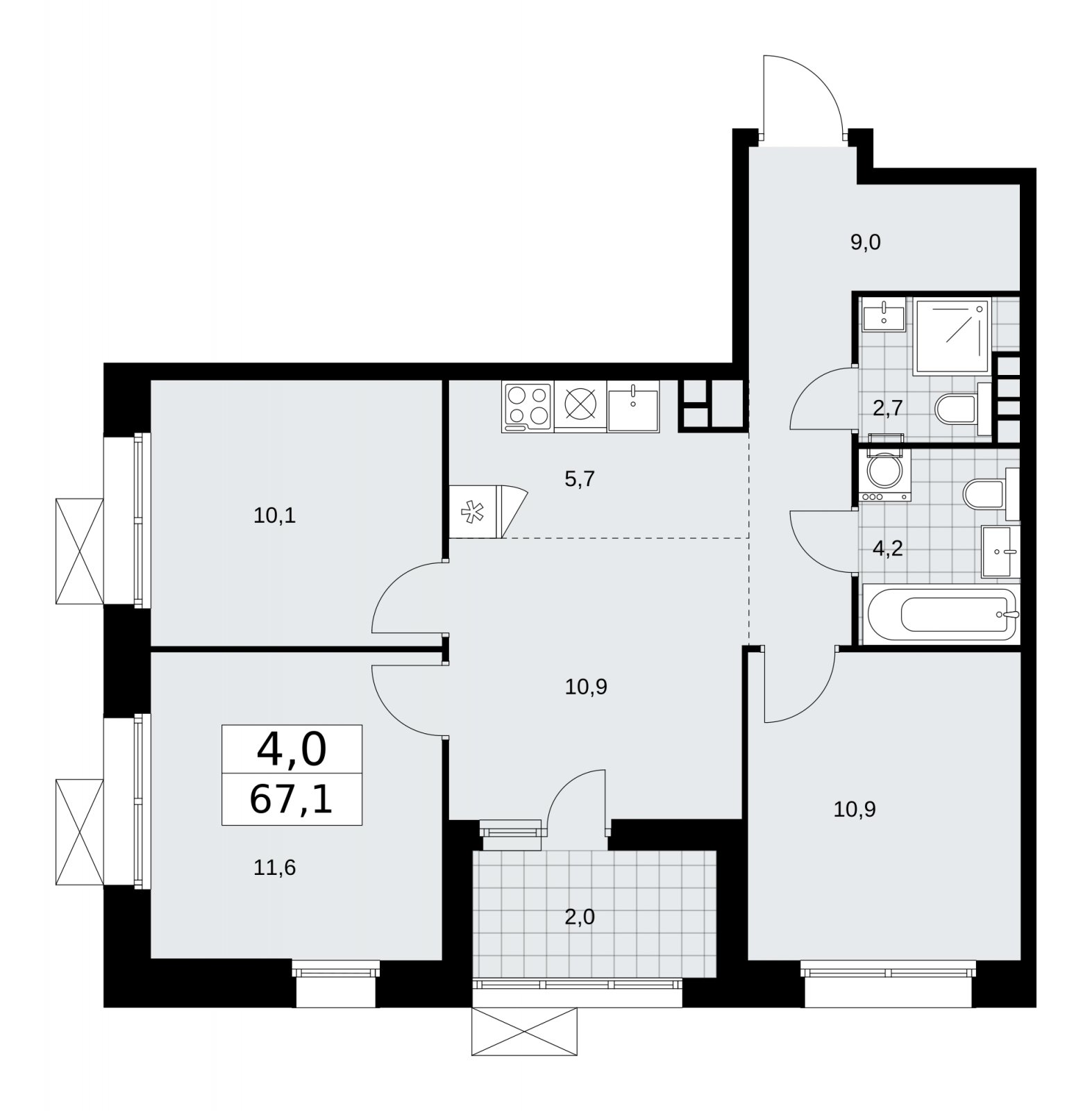 4-комнатная квартира (евро) с частичной отделкой, 67.1 м2, 9 этаж, сдача 1 квартал 2026 г., ЖК Бунинские кварталы, корпус 6.1 - объявление 2252417 - фото №1