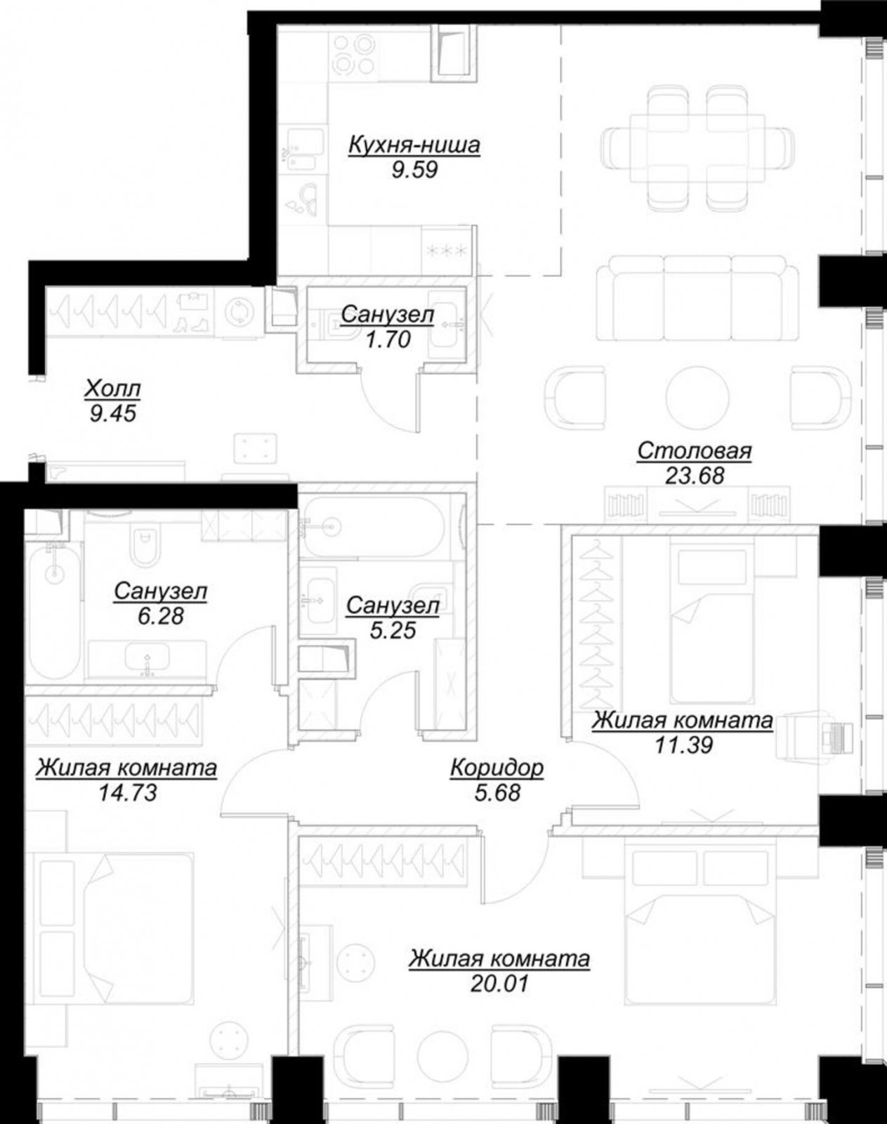 3-комнатная квартира с частичной отделкой, 107.58 м2, 19 этаж, сдача 4 квартал 2024 г., ЖК MOD, корпус Mann - объявление 2191655 - фото №1